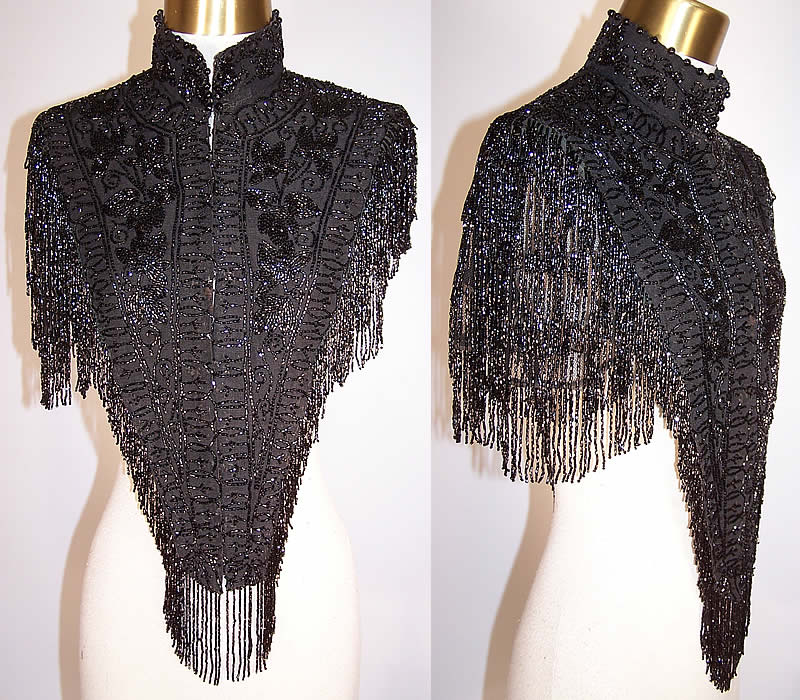 Victorian Black Silk Jet Beaded Fringe Mantle Cape Capelet