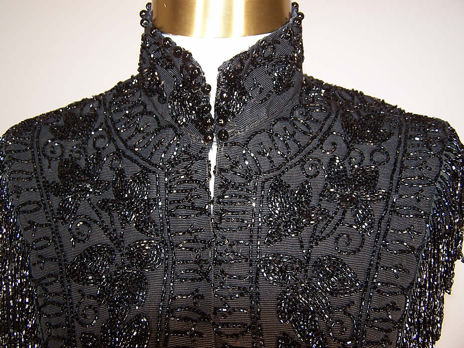 Victorian Black Silk Jet Beaded Fringe Mantle Cape Capelet close up