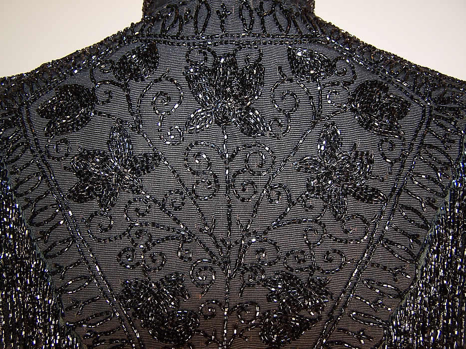 Victorian Black Silk Jet Beaded Fringe Mantle Cape Capelet back close up