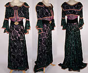 Reproduction Victorian Purple Green Silk Burnt Cut Voided Velvet Dress 