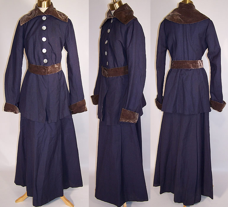 Edwardian Titanic Blue Wool Walking Suit Belted Princess Coat Jacket Skirt