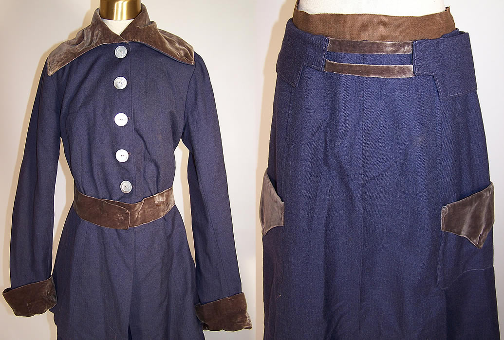 Edwardian Titanic Blue Wool Walking Suit Belted Princess Coat Jacket Skirt jacket and skirt close ups