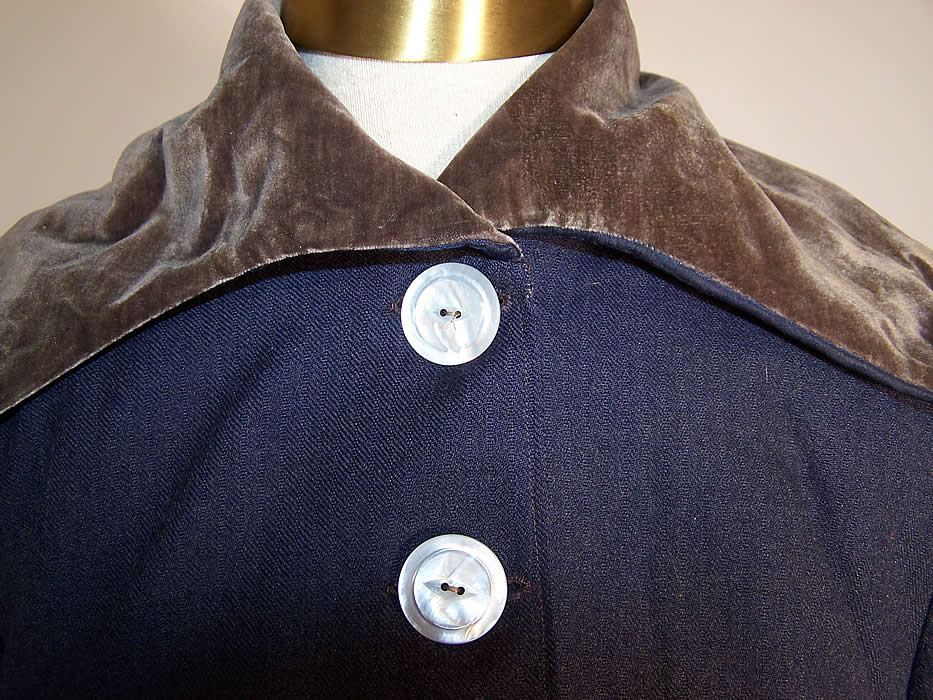 Edwardian Titanic Blue Wool Walking Suit Belted Princess Coat Jacket Skirt extreme close up button and collar