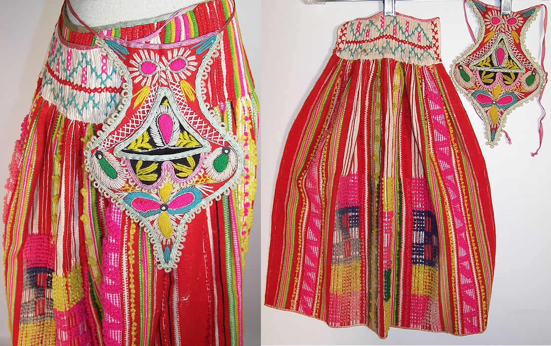 Vintage Portuguese Folk Costume Embroidered Wool Vest Skirt Apron Purse close up 