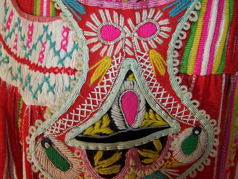 Vintage Portuguese Folk Costume Embroidered Wool Vest Skirt Apron Purse close up.