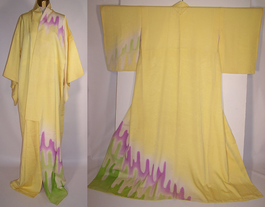 Vintage Japanese Geisha Yellow Silk Purple & Green Tie Dye Kimono