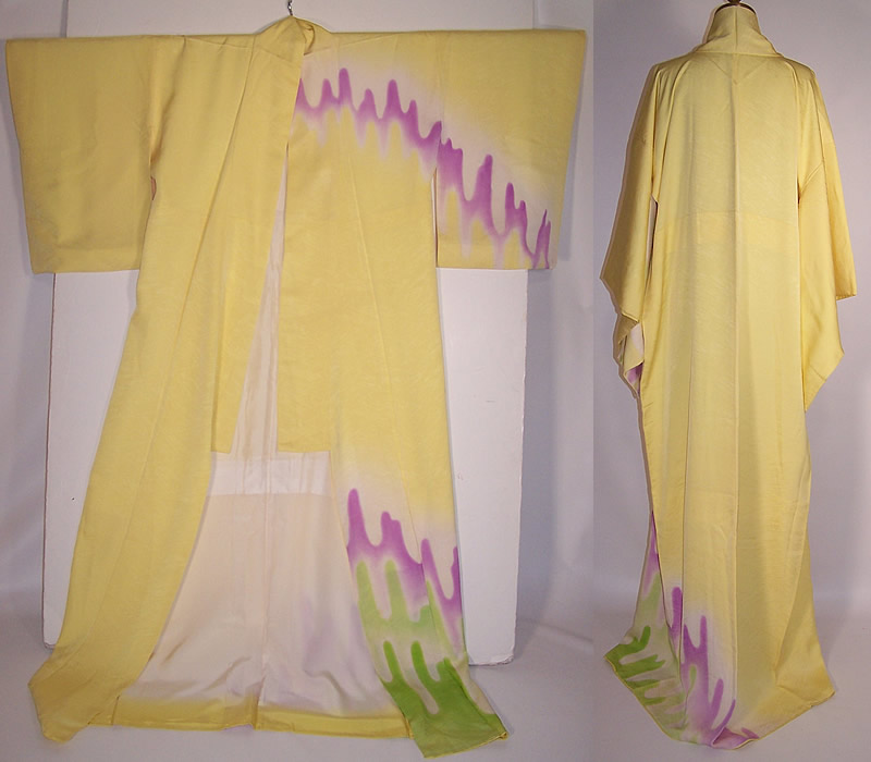 Vintage Japanese Geisha Yellow Silk Purple & Green Tie Dye Kimono