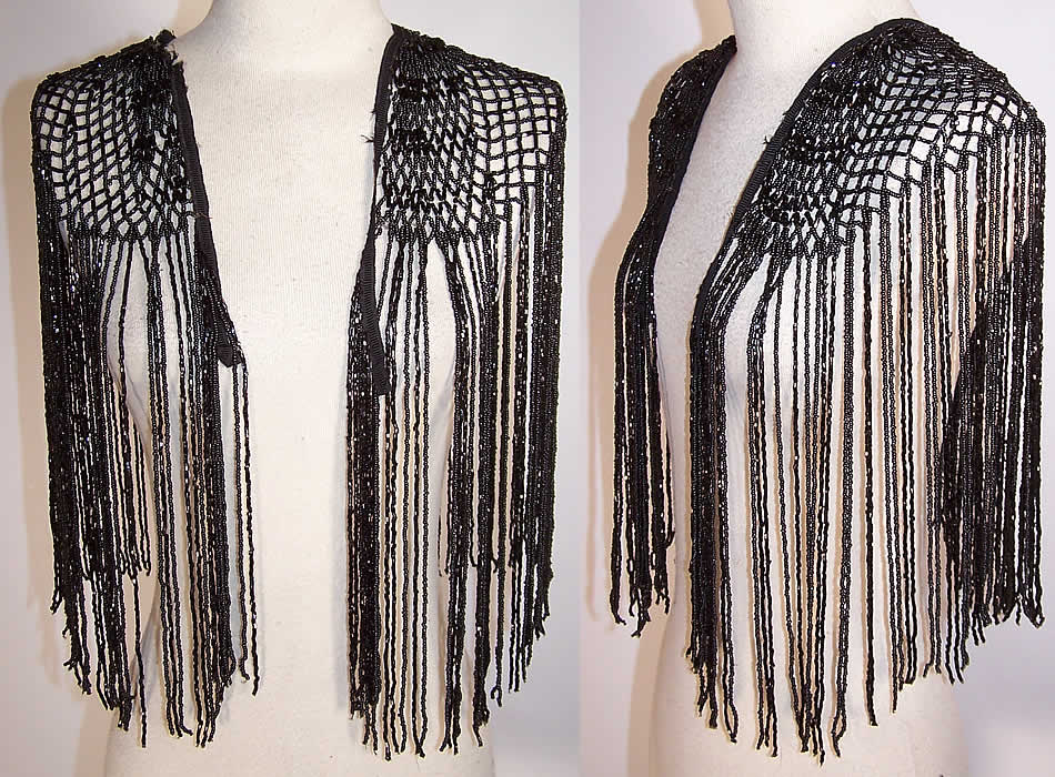 Victorian Black Jet Beaded Fringe Shoulder Epaulet Ornamental Trim Cape Collar