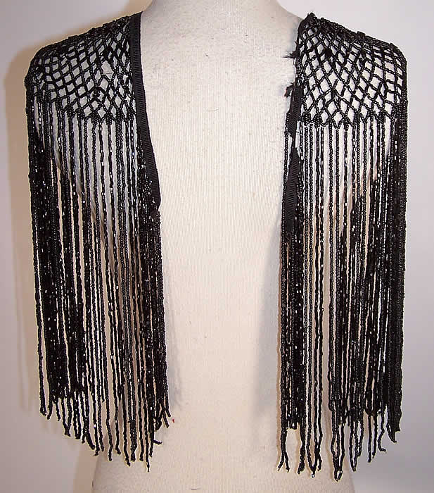 Victorian Black Jet Beaded Fringe Shoulder Epaulet Ornamental Trim Cape Collar back view