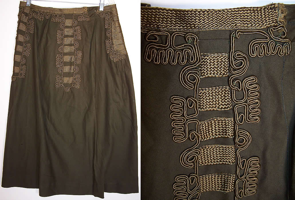 Edwardian Dark Olive Green Soutache Wool Walking Skirt and close up