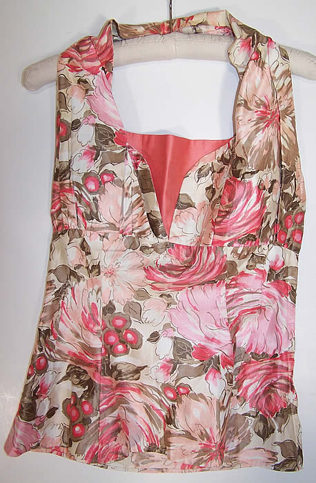 Vintage Coral Pink Floral Print Cotton Halter Top 