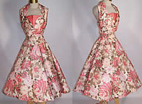 1950s Vintage Coral Pink Floral Print Cotton Halter Top Circle Skirt Dress