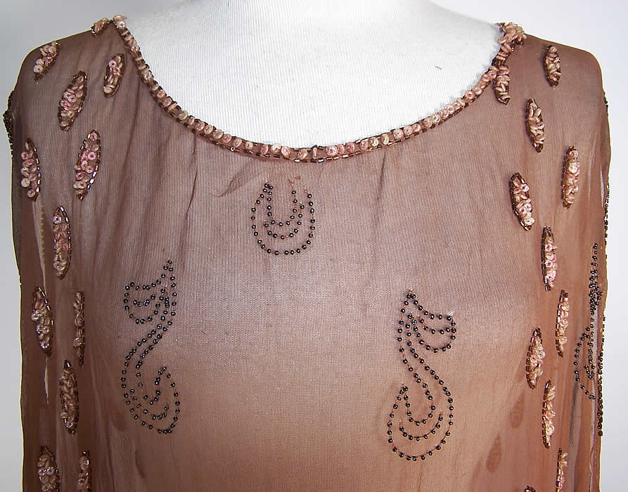 Art Deco Brown Silk Chiffon Pink Shell Beaded Drop Waist Flapper Dress close up front