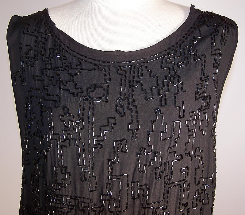 Vintage Art Deco Black Silk Geometric Grid Beaded Flapper Dress close up