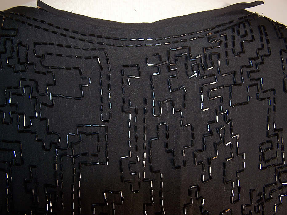 Vintage Art Deco Black Silk Geometric Grid Beaded Flapper Dress back close  up view.