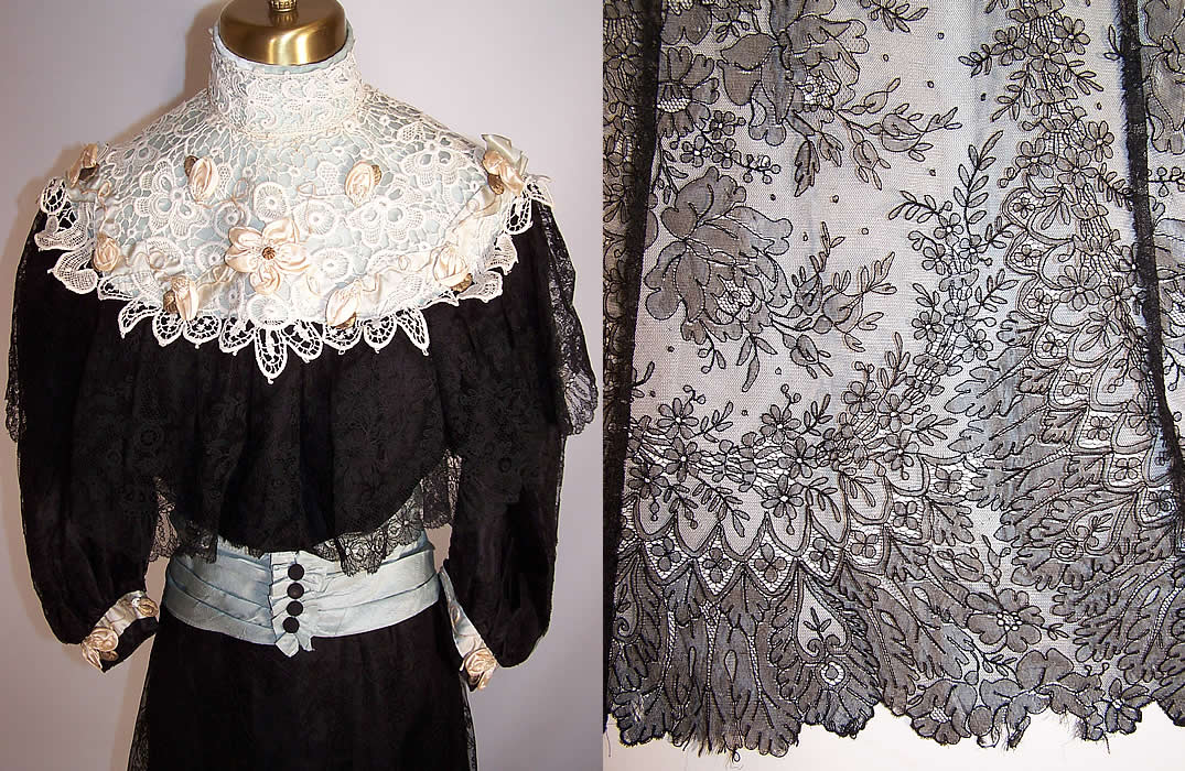 Victorian Black Chantilly & White Lace Rosette Ball Gown Dress Bodice Skirt close up top and lace