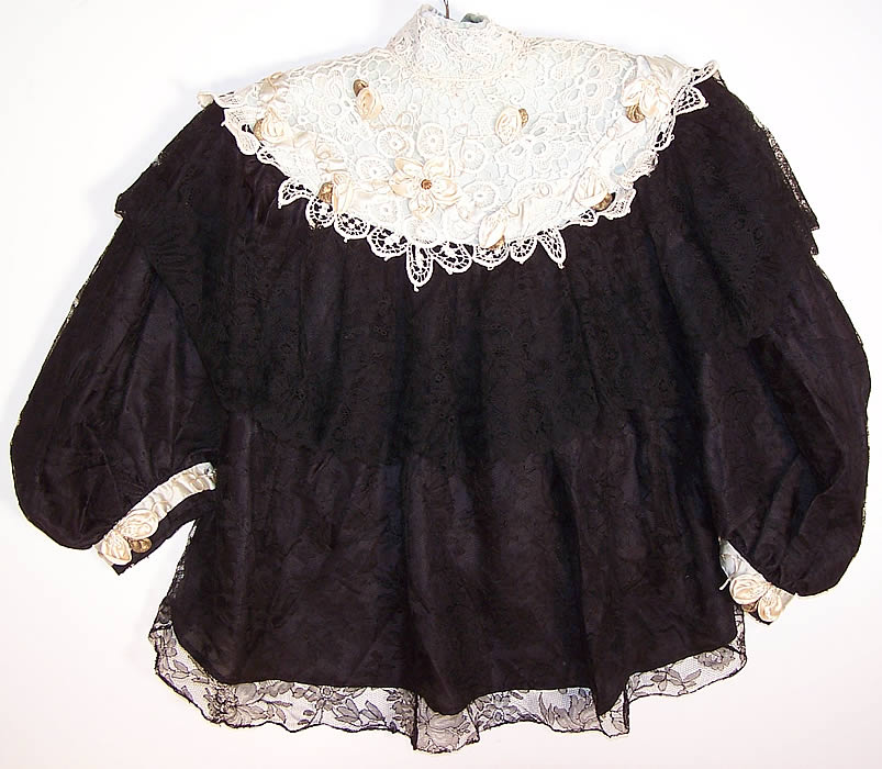 Victorian Black Chantilly & White Lace Rosette Ball Gown Dress Bodice Skirt blouse.