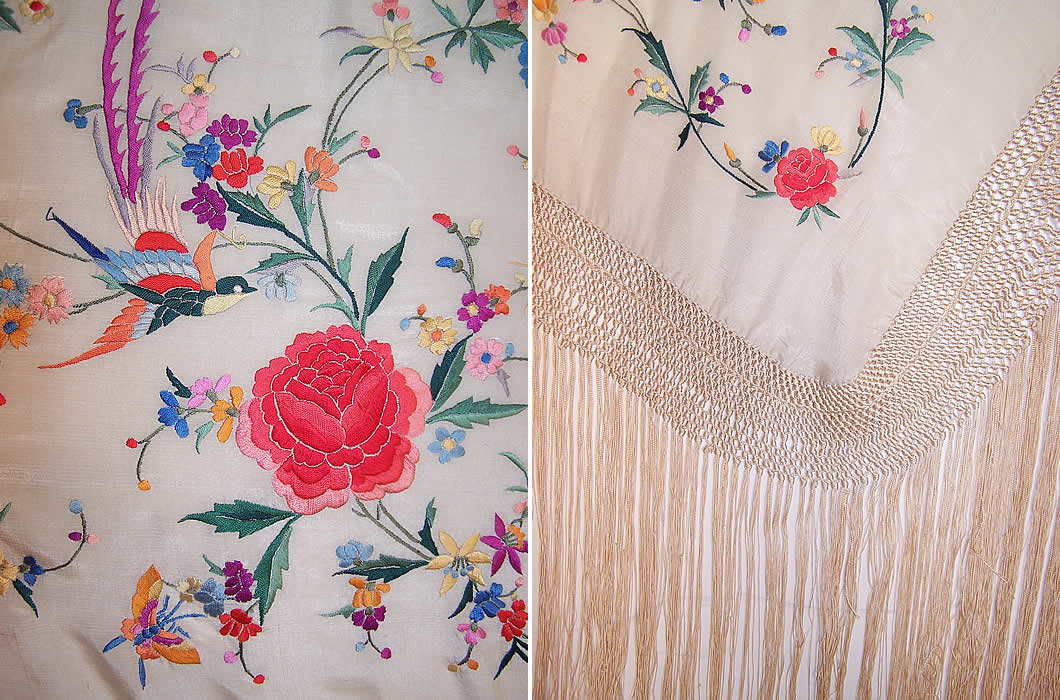 Antique Chinese White Silk Embroidered Pheasant Floral Canton Piano Shawl close up