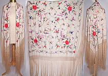 Chinese White Silk Embroidered Pheasant Floral Canton Piano Shawl