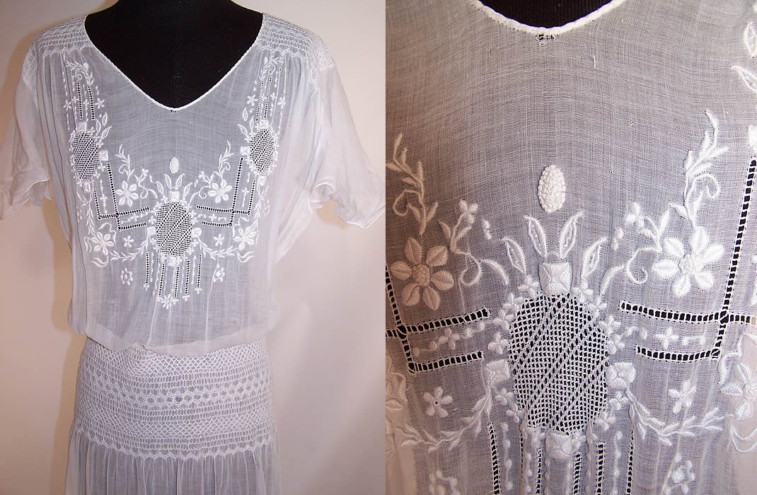 Vintage White Batiste Floral Smocking Embroidered Boho Peasant Dress close up & then closer up