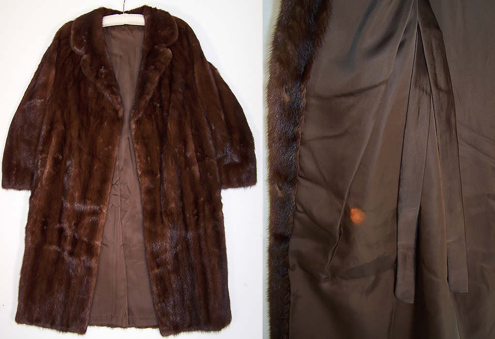 Vintage Mahogany Brown Mink Fur Full Length Long Swing Coat Jacket & small faded stains close up 