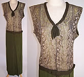 Silver Metallic Lace Gold Lamé Green Silk Drop Waist Dress