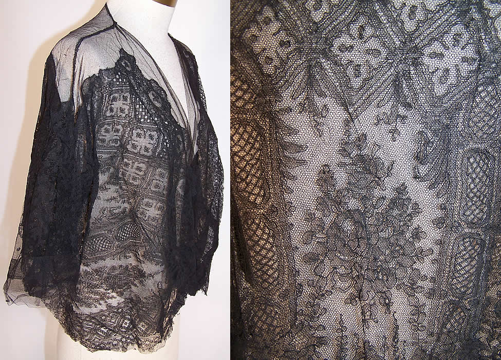 Edwardian Antique Black Chantilly Lace Blouse Jacket side view & close up