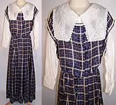 Edwardian Blue & White Plaid Silk Polka Dot Dress White Lace Blouse Top Skirt