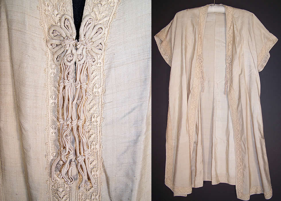 Edwardian Ecru Raw Silk Tassel Lace Duster Coat Robe Jacket Overdress