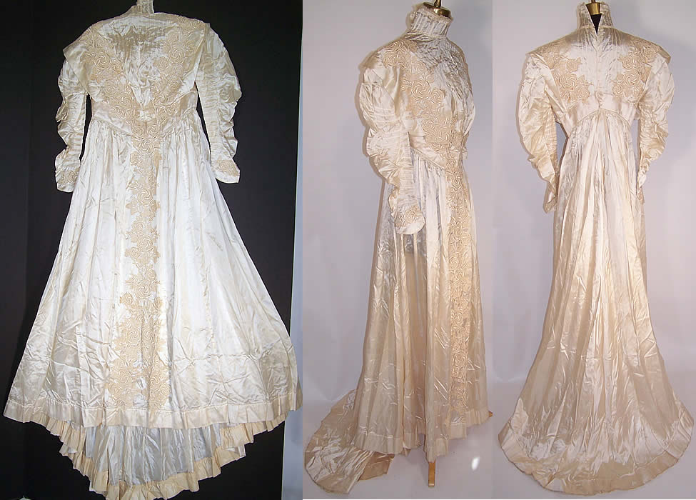 Victorian Cream Silk Floral Lace Applique Wedding Gown Dress Skirt Train