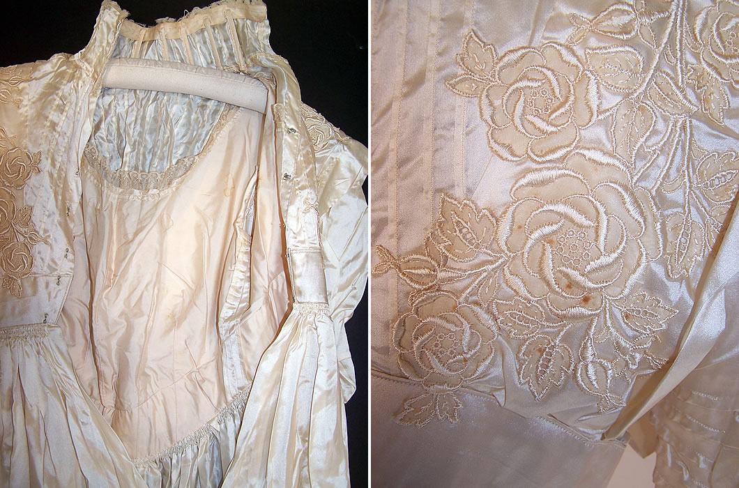 Victorian Cream Silk Floral Lace Applique Wedding Gown Dress Skirt Train lining and only a few tiny faint age spot stains close up 