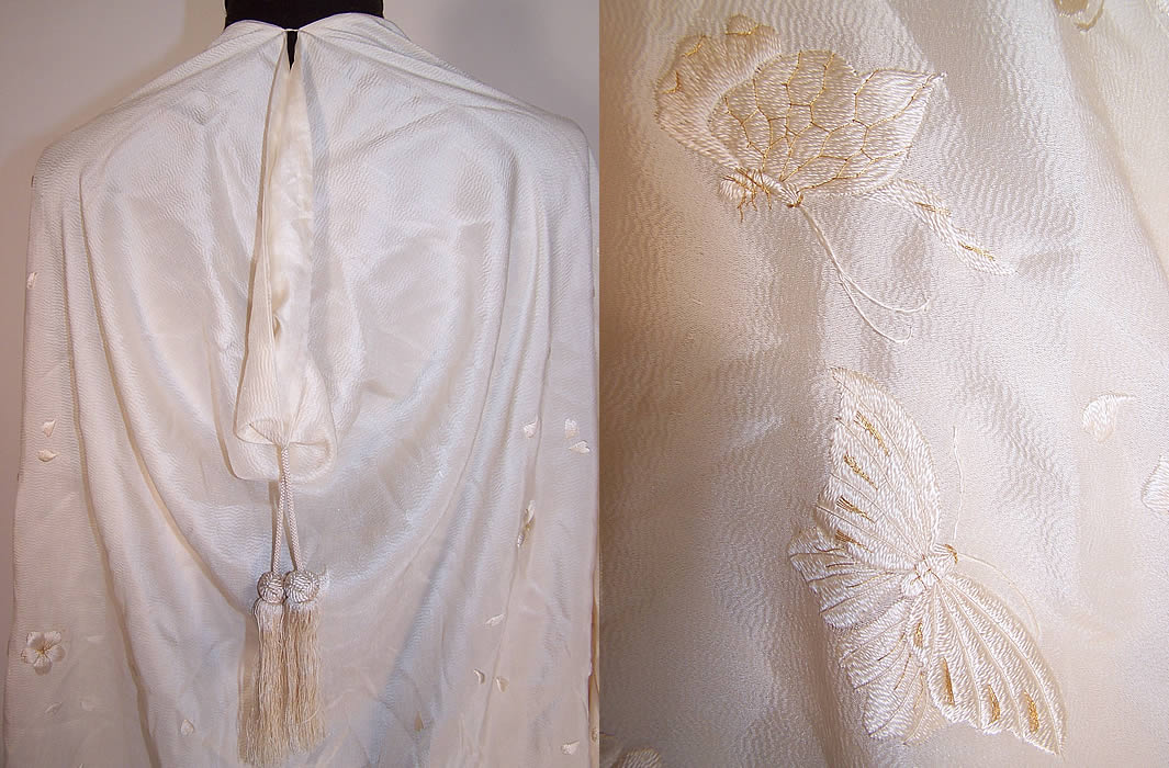  Vintage Japanese White Silk Gold Embroidered Butterfly Shawl Cape Cloak hooded back, with tassel trim & butterfly close ups