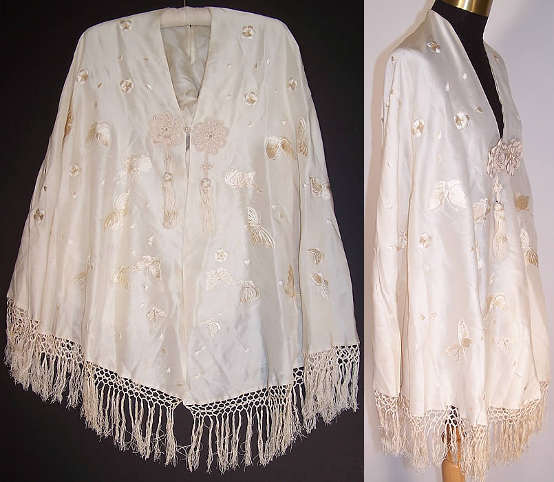 Vintage Japanese White Silk Gold Embroidered Butterfly Shawl Cape Cloak front & side views.