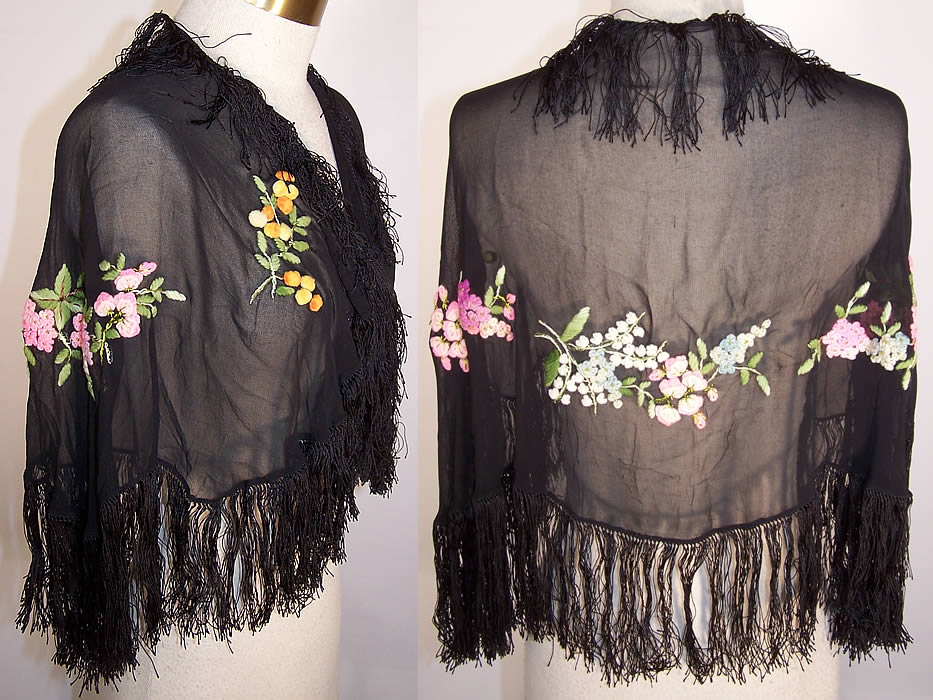 Vintage Black Silk Chiffon Pastel Yarn Embroidered Floral Fringe Shawl Cape side and back views