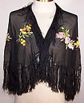 Vintage Black Silk Floral Fringe Cape