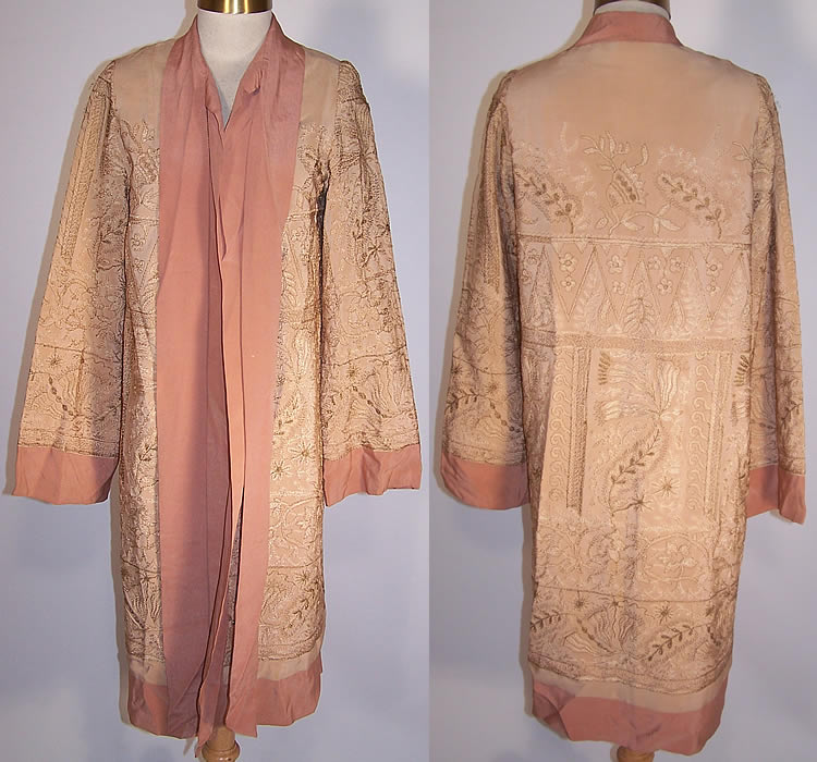   Art Deco Rose Pink Silk Gold Metallic Embroidered Robe Coat 