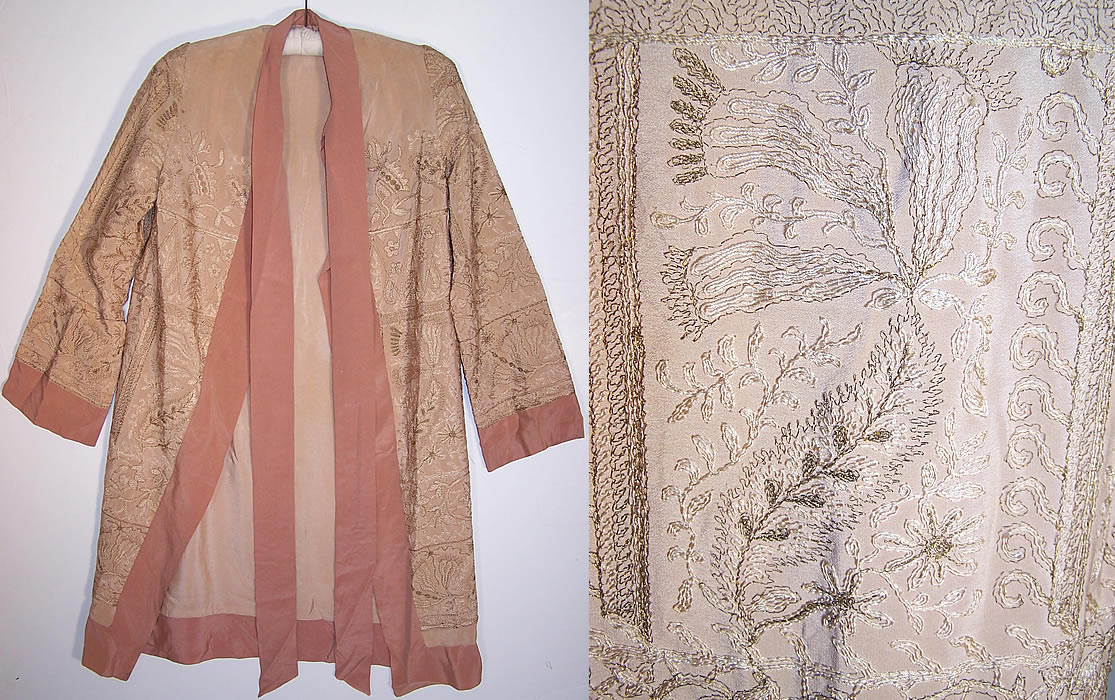 Art Deco Rose Pink Silk Gold Metallic Embroidered Robe Coat & close up