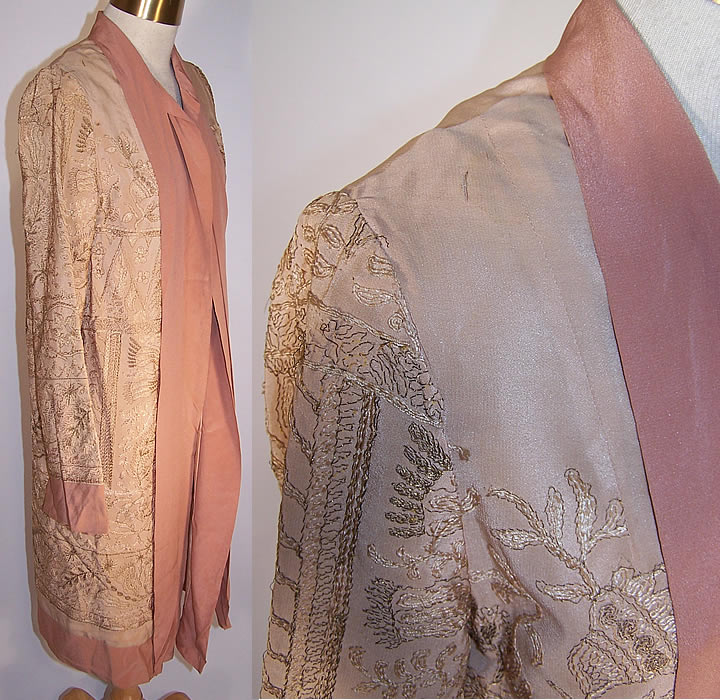 Art Deco Rose Pink Silk Gold Metallic Embroidered Robe Coat side views a tiny fray along one shoulder close up