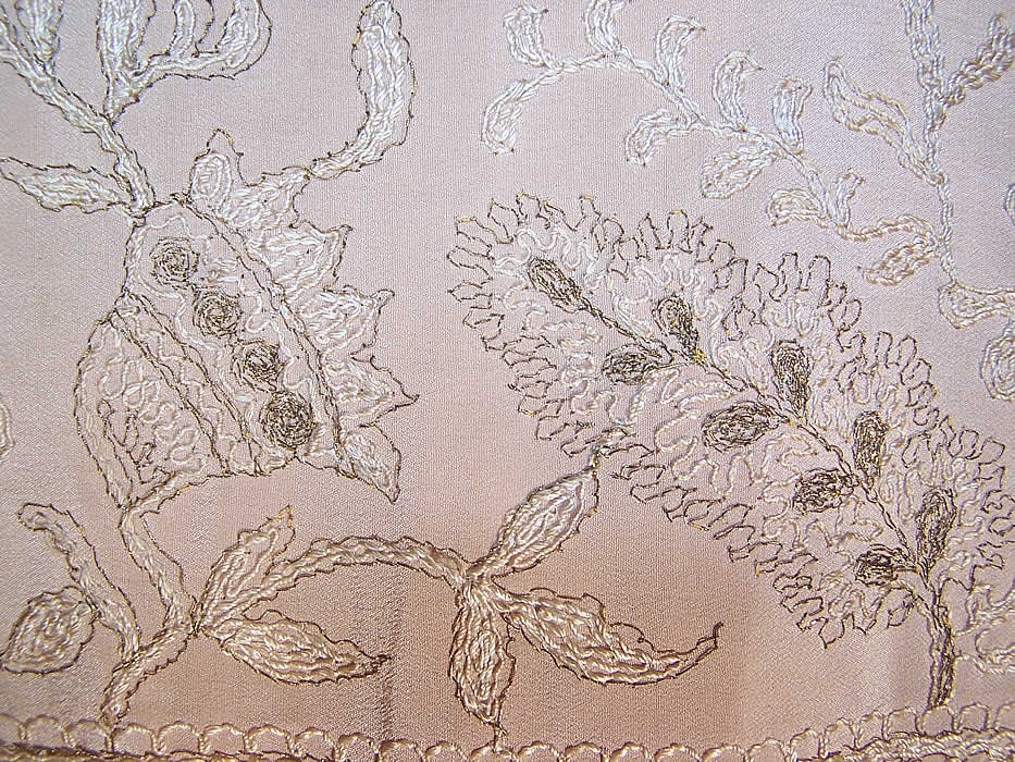 Art Deco Rose Pink Silk Gold Metallic Embroidered Robe Coat close up.