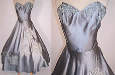 Vintage Silver Gray Silk Lace Applique Rhinestone Circle Skirt Strapless Dress