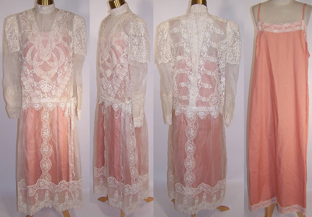 Vintage Victorian Inspired Embroidered White Organdy Mixed Lace Drop Waist Dress & Slip