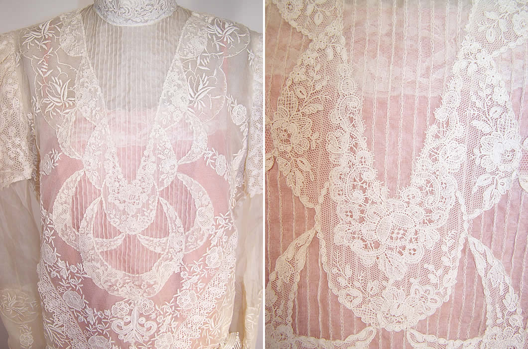 Vintage Victorian Inspired Embroidered White Organdy Mixed Lace Drop Waist Dress close up & extreme close up