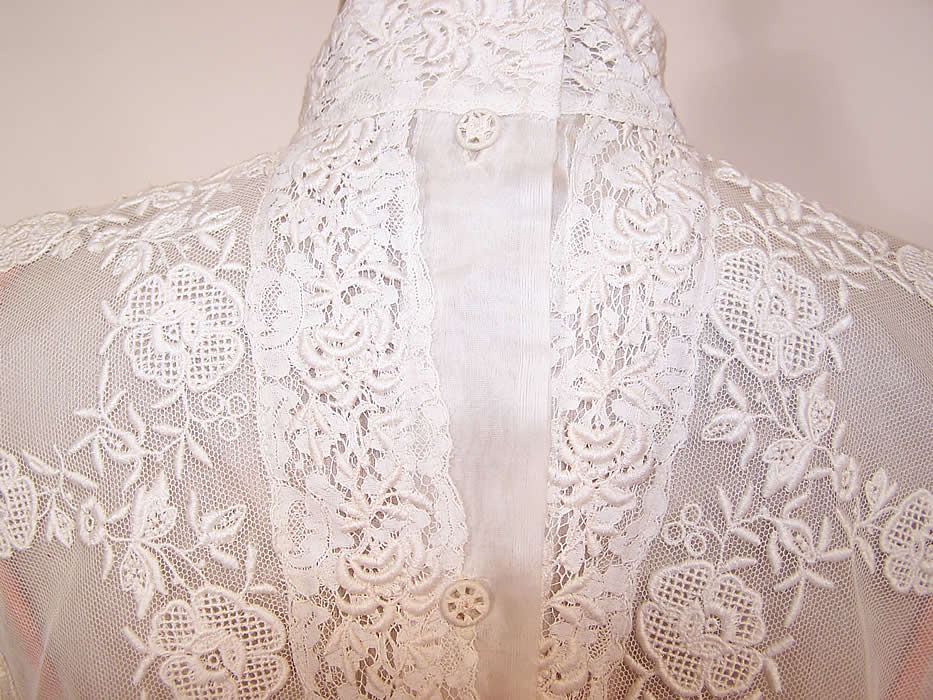 Vintage Victorian Inspired Embroidered White Organdy Mixed Lace Drop Waist Dress & Slip back view close up