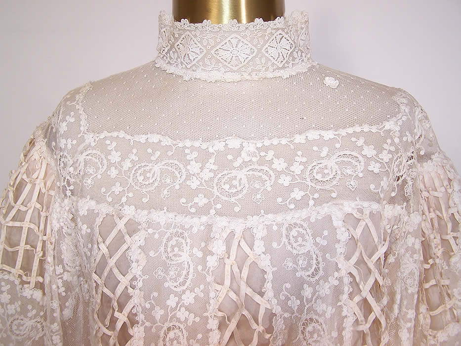 Edwardian Cream Tambour Embroidery Lace Ribbon Work Wedding Bodice Blouse close up