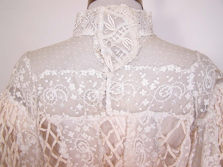 Edwardian Cream Tambour Embroidery Lace Ribbon Work Wedding Bodice Blouse back view close up