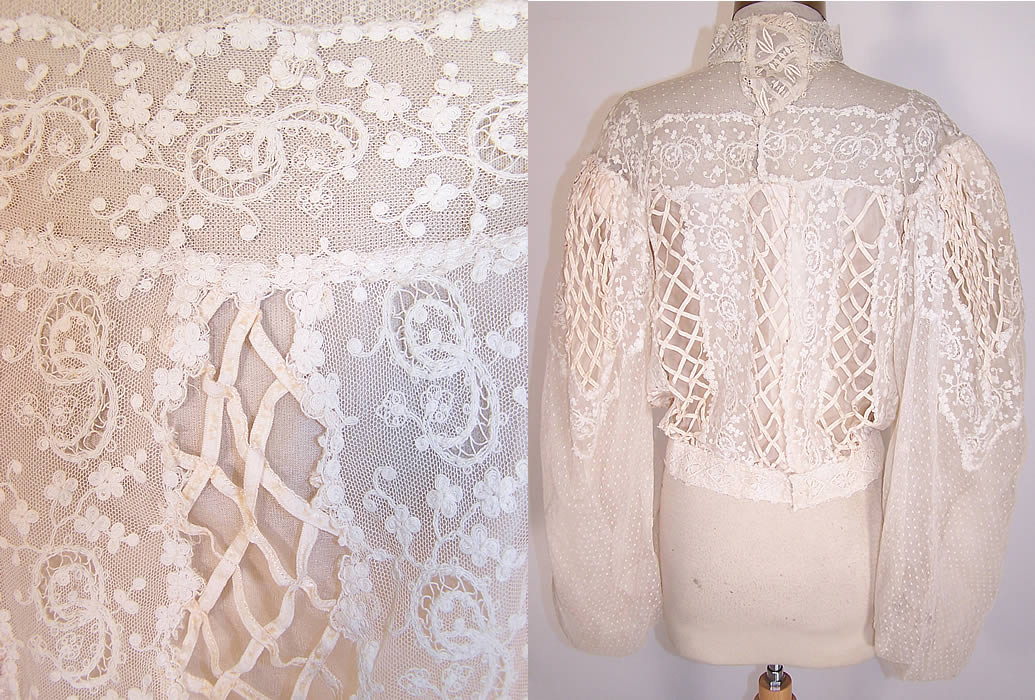 Edwardian Cream Tambour Embroidery Lace Ribbon Work Wedding Bodice Blouse close up and back view