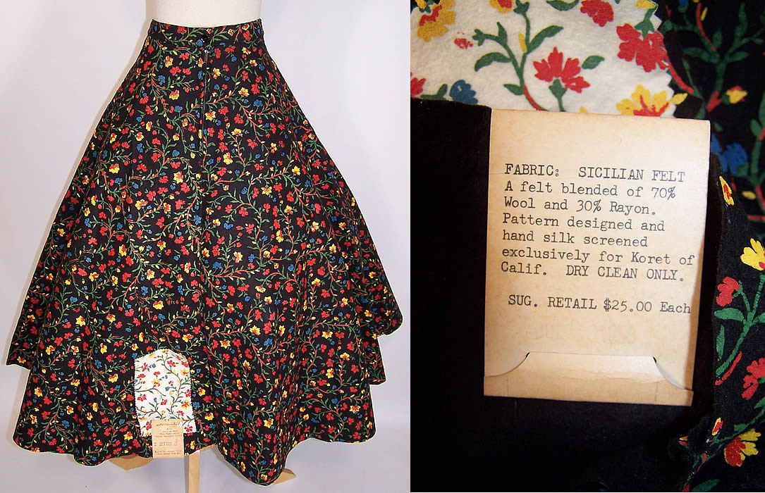 Unworn Sample Tag Vintage Koret Silk Screen Floral Felt Full Flare Circle Skirt back view  & cloe up of the underside of the label