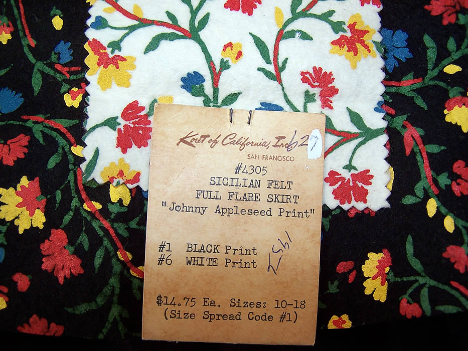 Unworn Sample Tag Vintage Koret Silk Screen Floral Felt Full Flare Circle Skirt label close up.