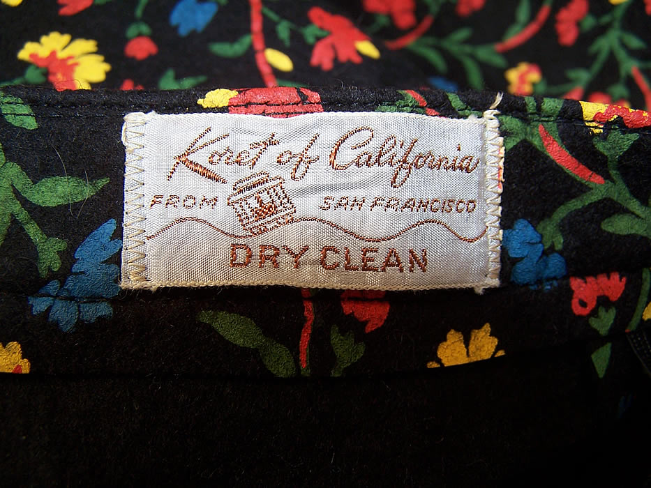 Unworn Sample Tag Vintage Koret Silk Screen Floral Felt Full Flare Circle Skirt label close up.