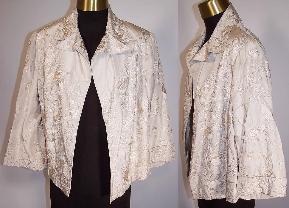 Antique White Silk Embroidered Floral Bird Canton Wedding Shawl Coat Jacket front and side view